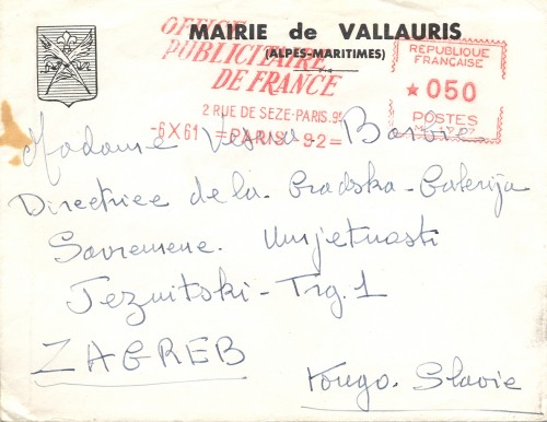 Omotnica službenog poziva na proslavu 80-tog rođendana Pabla Picassa gradonačelnika Vallaurisa P. Derigona Vesni Barbić