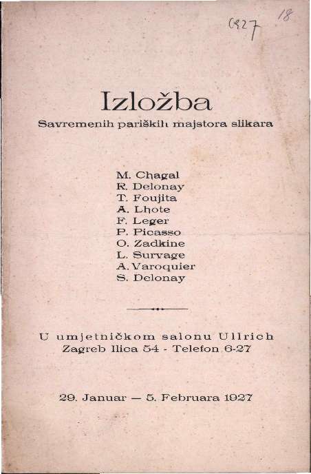 Izložba Savremenih pariških majstora slikara - M.Chagal, R.Delonay, T.Foujita, A.Lhote, F.Leger, P.Picasso, O.Zadkine, L.Survage, A.Varoquier, S.Delonay