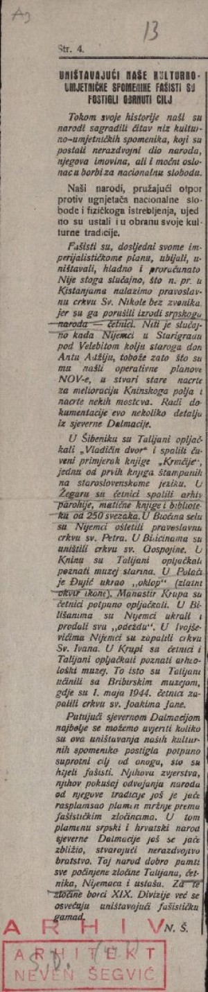 Uništavajući naše kulturno-umjetničke spomenike fašisti su postigli obrnuti cilj : Slobodna Dalmacija