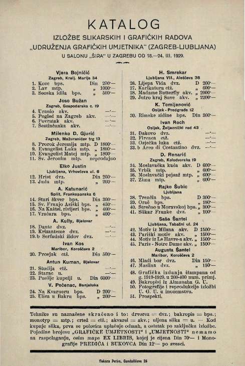 Katalog izložbe slikarskih i grafičkih radova Udruženja grafičkih umjetnika (Zagreb-Ljubljana)