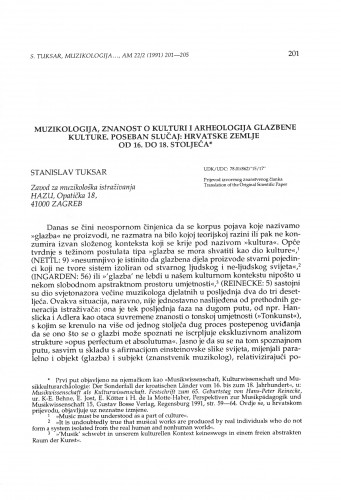 Muzikologija, znanost o kulturi i arheologija glazbene kulture. Poseban slučaj: hrvatske zemlje od 16. do 18. stoljeća / Stanislav Tuksar