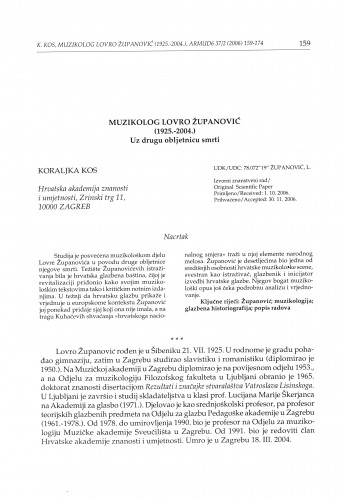 Muzikolog Lovro Županović (1925.-2004.) : uz drugu obljetnicu smrti / Koraljka Kos