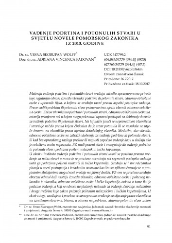 Vađenje podrtina i potonulih stvari u svjetlu novele Pomorskog zakonika iz 2013. godine / Vesna Skorupan Wolff, Adriana Vincenca Padovan