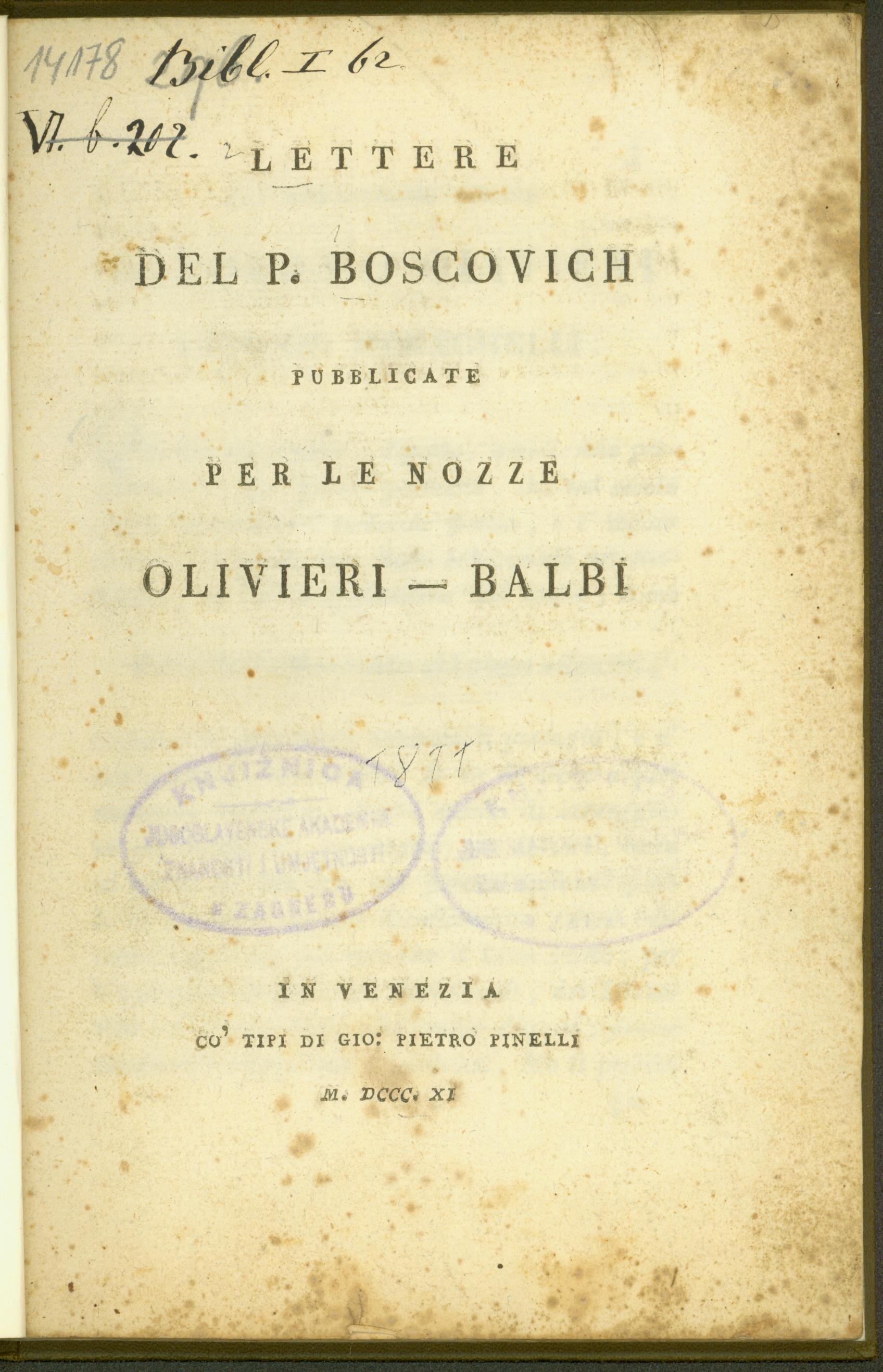 Lettere del p. Boscovich pubblicate per le nozze Olivieri-Balbi