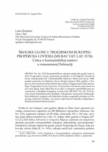 Školske glose u trogirskom rukopisu Propercija i Ovidija (MS BAV Vat. lat. 5174): Crtica o humanističkoj nastavi u renesansnoj Dalmaciji / Luka Špoljarić