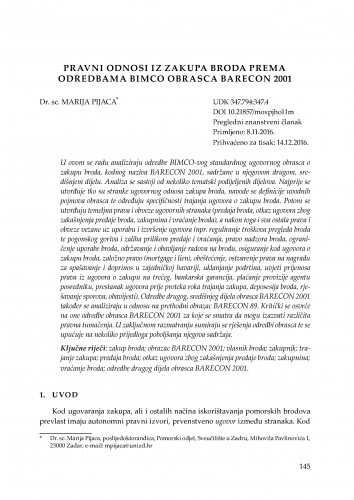 Pravni odnosi iz zakupa broda prema odredbama BIMCO obrasca Barecon 2001 / Marija Pijaca