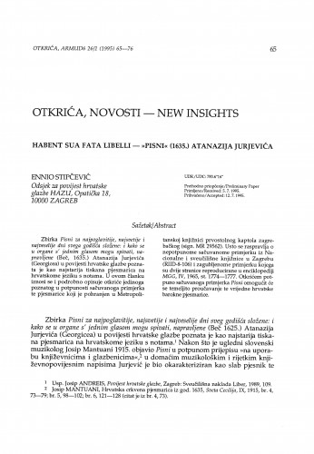 Habent sua fata libelli - "Pisni" (1635.) Atanazija Jurjevića / Ennio Stipčević