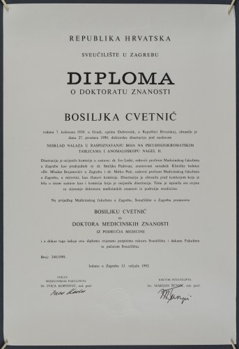 Doktorska diploma Bosiljke Cvetnić
