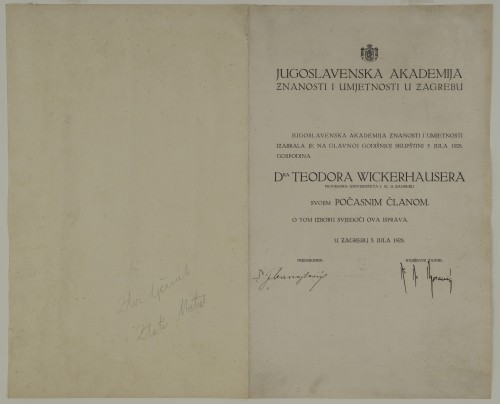 Povelja počasnog člana JAZU Theodora Wickerhausera