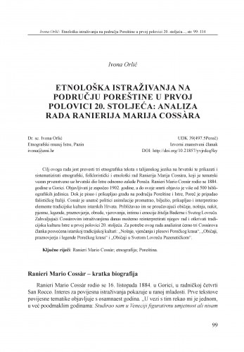 Etnološka istraživanja na području Poreštine u prvoj polovici 20. stoljeća: analiza rada Rainierija Marija Cossàra / Ivona Orlić