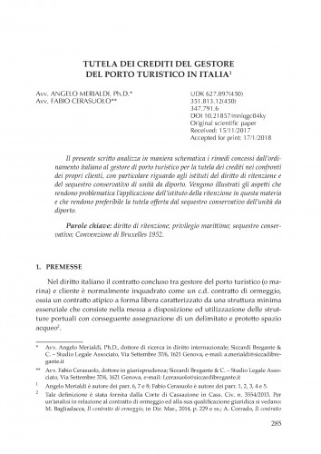 Tutela dei crediti del gestore del porto turistico in Italia / Angelo Merialdi, Fabio Cerasuolo