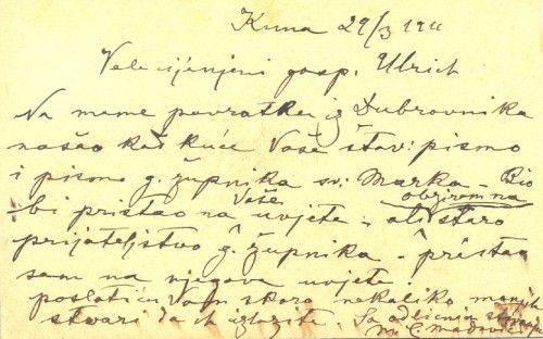 Dopisnica Mate Celestina Medovića galeristu Antunu Ullrichu, Kuna, 29.3.1911.