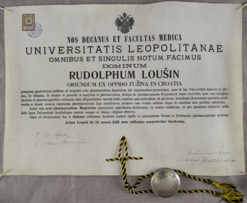 Diploma magistra farmacije Rudolfa Loušina