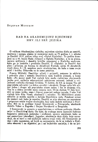 Rad na Akademijinu Rječniku hrv. ili srp. jezika / Stjepan Musulin