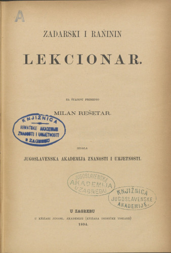 Lekcionar zadarski i Ranjinin / za štampu priredio Milan Rešetar