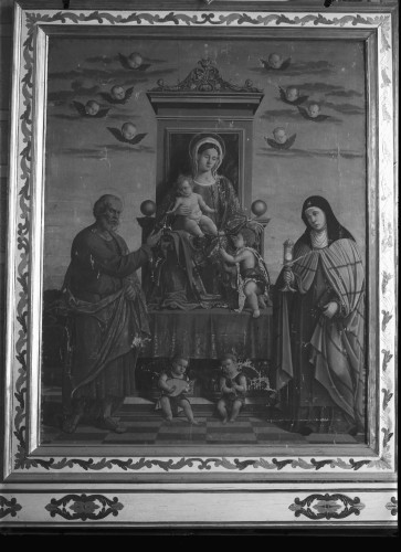 Franjevačka crkva Uznesenja Blažene Djevice Marije (Poljud, Split) : Bogorodica s Djetetom, sv. Ivanom Krstiteljem, sv. Petrom i sv. Klarom, ulje na platnu, oko 1550. (Girolamo da Santa Croce)