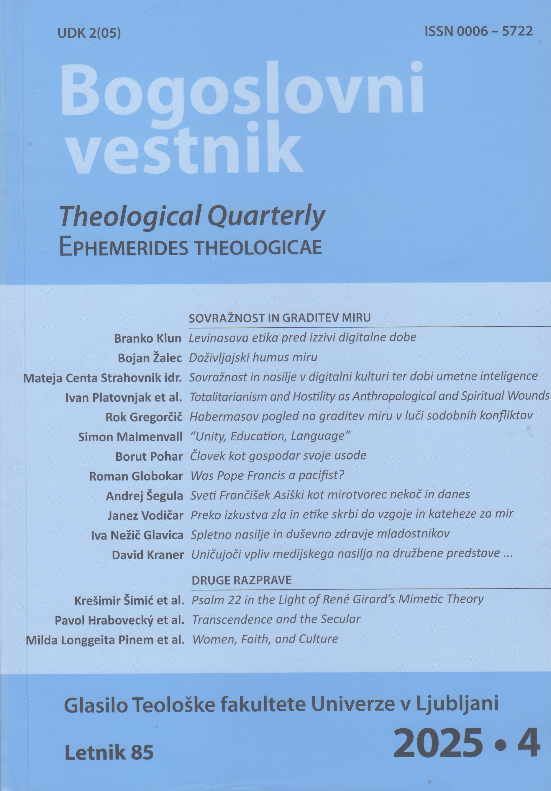 Bogoslovni vestnik : glasilo Teološke fakultete v Ljubljani = Theological quarterly : glasilo Teološke fakultete v Ljubljani