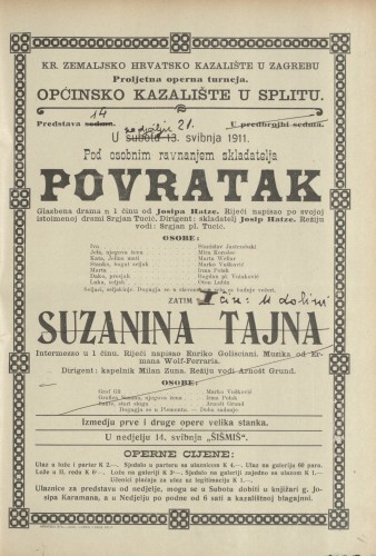 Povratak ; Suzanina tajna : Glazbena drama u jednom činu : Intermezzo u jednom činu