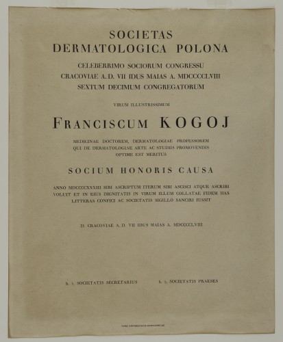 Povelja počasnog člana poljskog dermatološkog društva Franje Kogoja