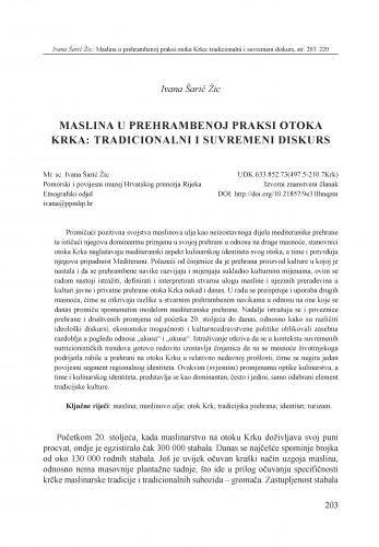 Maslina u prehrambenoj praksi otoka Krka: tradicionalni i suvremeni diskurs / Ivana Šarić Žic