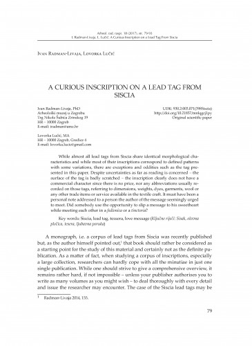 A Curious Inscription on a Lead Tag from Siscia / Ivan Radman-Livaja, Lovorka Lučić