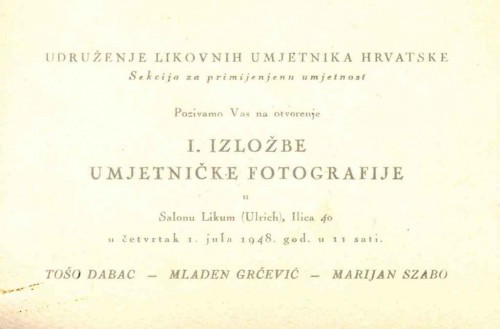 Pozivnica na I. izložbu umjetničke fotografije, Salon Likum, Zagreb, 1.7.1948.