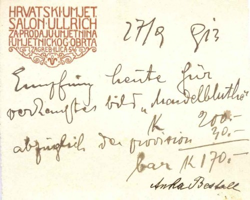 Salon Ullrich - potvrda o prodaji slike Anke Bestall. Autor dizajna memoranduma: Tomislav Krizman