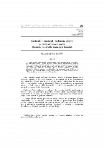 Nastanak i prestanak postojanja države (Komentar uz izvješća Badinterove komisije) / Vladimir-Đuro Degan