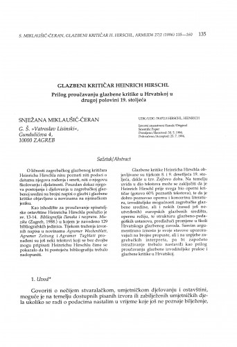 Glazbeni kritičar Heinrich Hirschl. Prilog proučavanju glazbene kritike u Hrvatskoj u drugoj polovini 19. stoljeća / Snježana Miklaušić-Ćeran