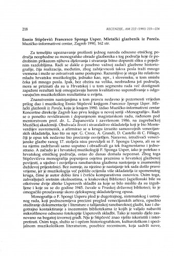 Stipčević, Ennio: Francesko Sponga Usper : mletački glazbenik iz Poreča, Zagreb, 1990. / Jože Sivec