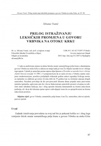 Prilog istraživanju leksičkih promjena u govoru Vrbnika na otoku Krku / Silvana Vranić