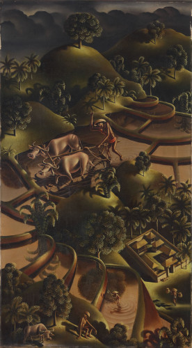 Terase rižinih polja s ratarom koji ore, 1932.
