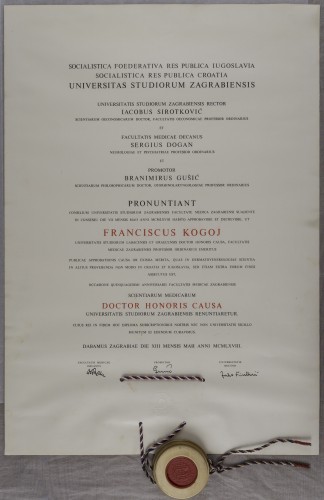 Povelja počasnog doktora Sveučilišta u Zagrebu Franje Kogoja