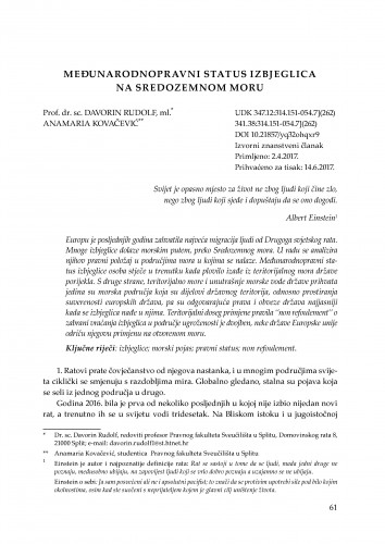 Međunarodnopravni status izbjeglica na Sredozemnom moru / Davorin Rudolf, ml., Anamaria Kovačević