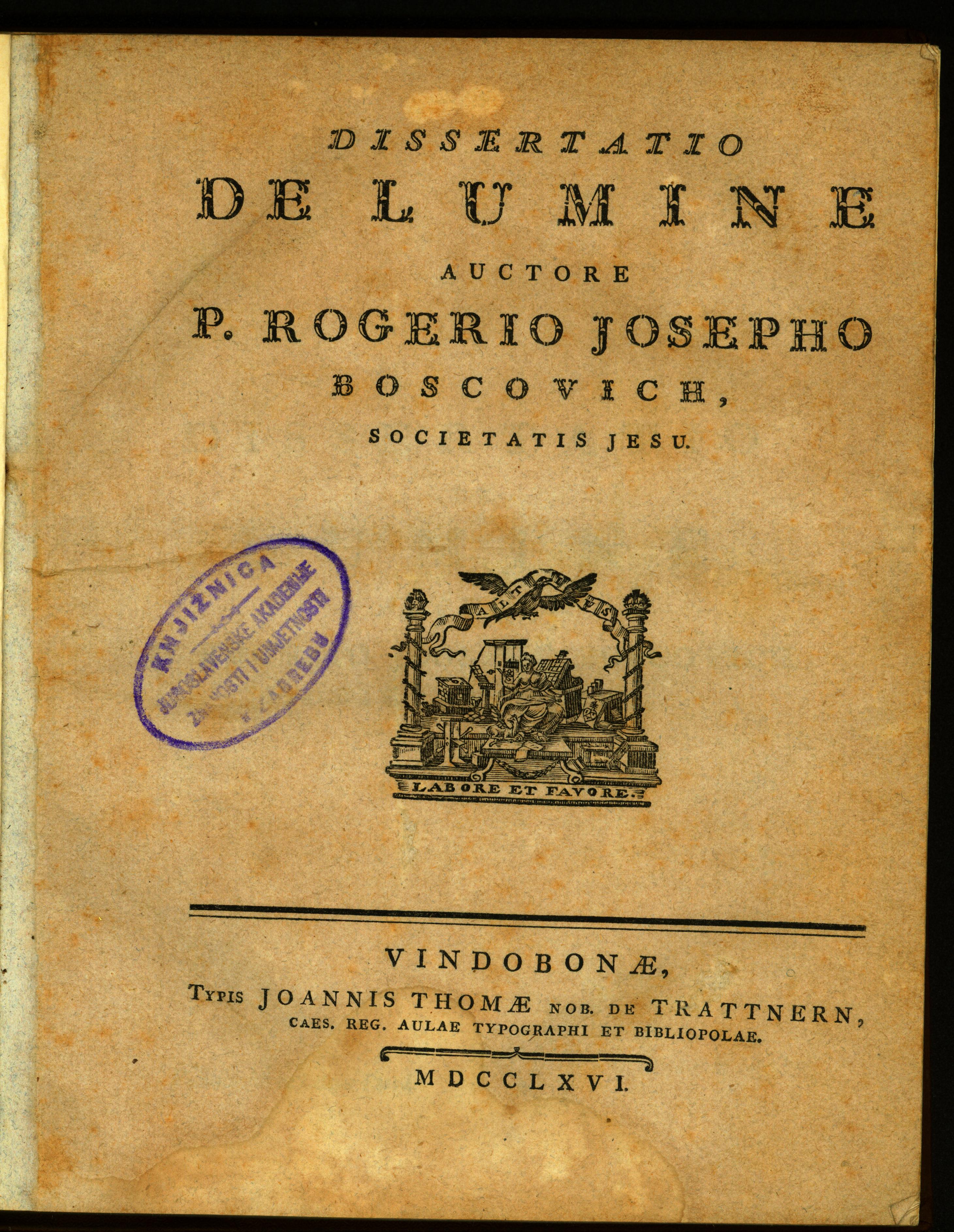 Dissertatio de lumine / auctore p. Rogerio Josepho Boscovich, Societatis Jesu