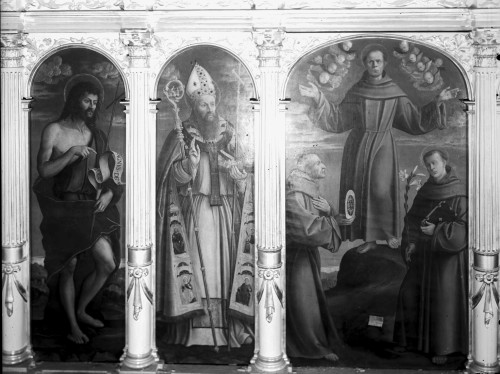 Franjevačka crkva Uznesenja Blažene Djevice Marije (Poljud, Split) : glavni oltar, poliptih, sv. Ivan Krstitelj, sv. Duje, sv. Franjo Asiški, sv. Bernardin Sijenski i sv. Antun Padovanski, 1549. (Girolamo da Santa Croce)