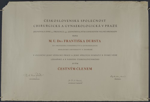 Povelja Čehoslovačkog društva kirurga i ginekologa počasnom članu dr. Franji Durstu