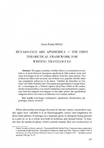 Renaissance Ars apodemica – the First Theoretical Framework for Writing Travelogues / Irena Radej Miličić