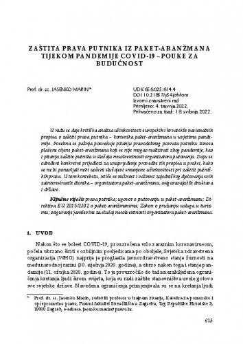 Zaštita prava putnika iz paket-aranžmana tijekom pandemije COVID-19 – pouke za budućnost / Jasenko Marin