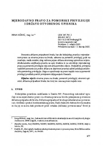 Mjerodavno pravo za pomorske privilegije i države otvorenog upisnika / Irena Nišević