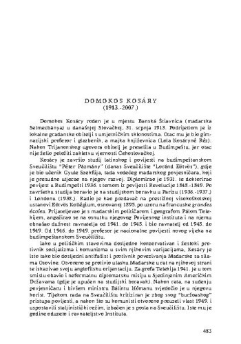 Domokos Kosáry (1913.-2007.) : [nekrolog] / János M. Bak, Damir Karbić, Dinko Šokčević