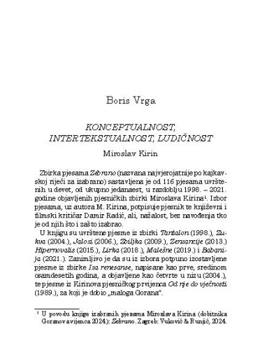 Konceptualnost, intertekstualnost, ludičnost : Miroslav Kirin / Boris Vrga