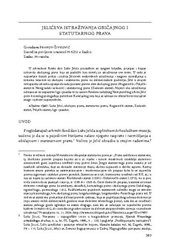  Jelićeva istraživanja običajnog i statutarnog prava / Grozdana Franov-Živković