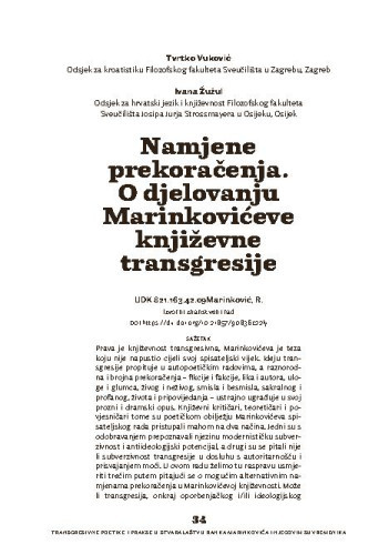 Namjene prekoračenja. O djelovanju Marinkovićeve književne transgresije / Ivana Žužul, Tvrtko Vuković