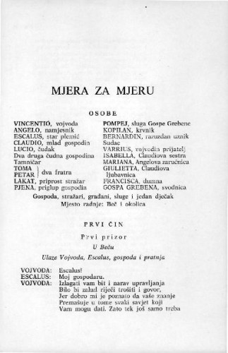 Mjera za mjeru / W. Shakespeare ; preveo Josip Torbarina