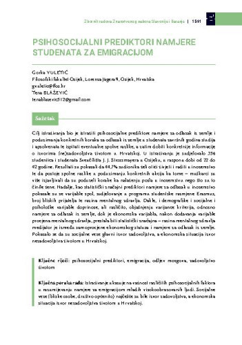 Psihosocijalni prediktori namjere studenata za emigracijom / Gorka Vuletić, Tena Blažević