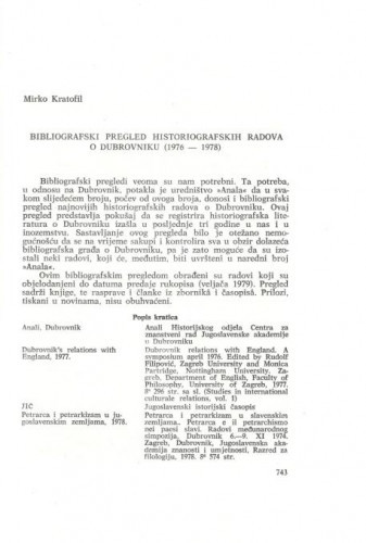 Bibliografski pregled historiografskih radova o Dubrovniku (1976-1978) / Mirko Kratofil