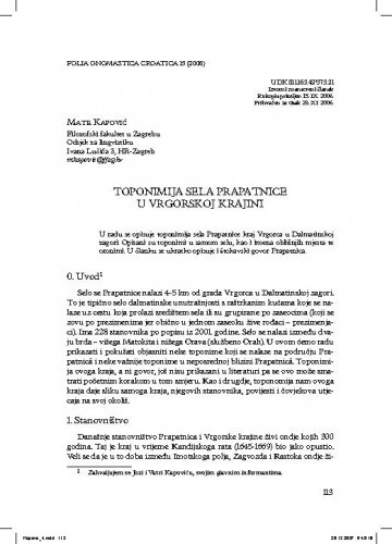 Toponimija sela Prapatnice u Vrgorskoj krajini / Mate Kapović