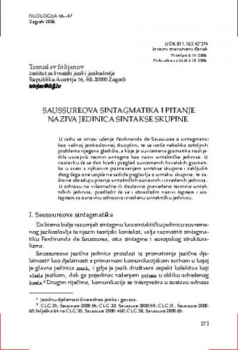 Saussureova sintagmatika i pitanje naziva jedinica sintakse skupine / Tomislav Stojanov