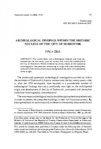 Archeological findings within the historic nucleus of the City of Dubrovnik / Ivica Žile